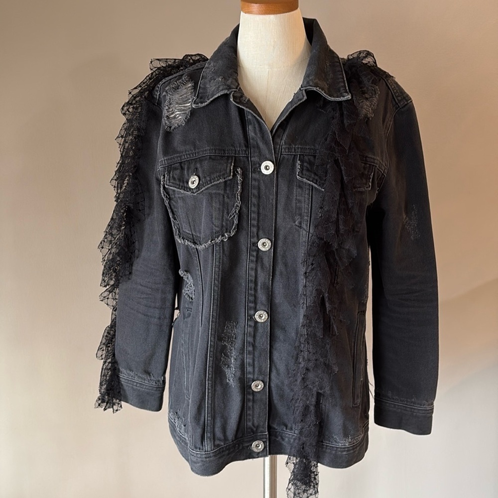 RIVER ISLAND women’s charcoal denim lace distressed mix media jacket snaps Small